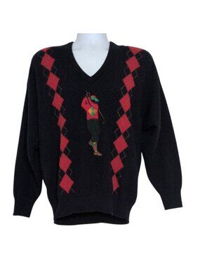 Jaeger Embroidered Golfer Sweater Mens Size Large Blue Argyle Lambswool Scottish